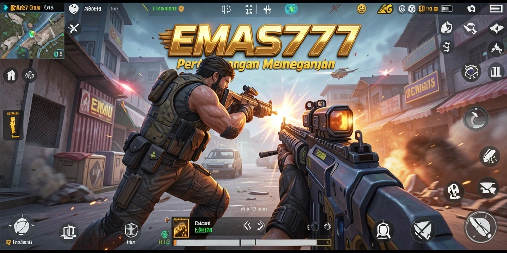 Screenshot utama EMAS777 menampilkan aksi FPS yang menegangkan.